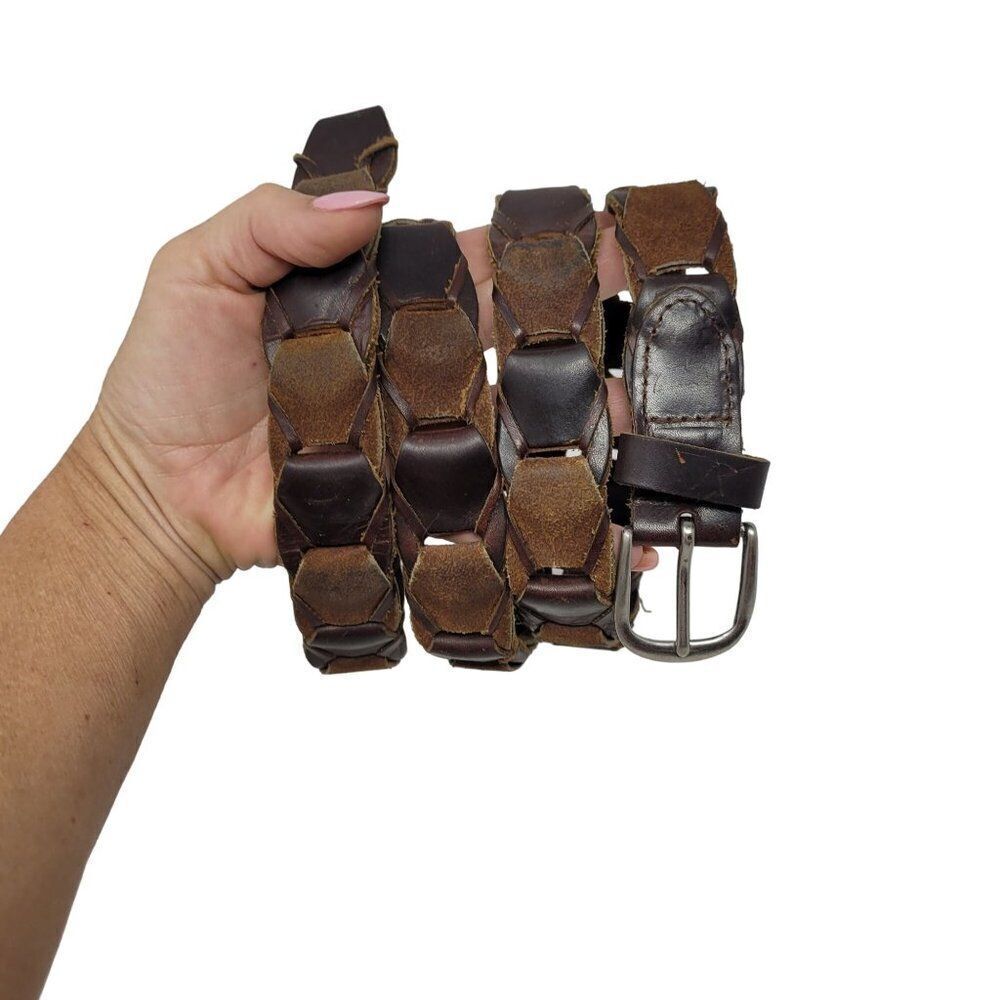 Vintage Woven Suede Leather Hexagon Pattern Belt 42" Brown Western‎ Cowboy